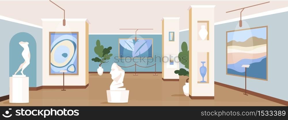 Contemporary art gallery flat color vector illustration. Painting exhibits for excursion. Modern masterpiece showcase. Cultural museum 2D cartoon interior with artwork installations on background. Contemporary art gallery flat color vector illustration