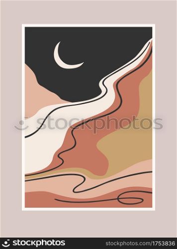 Contemporary art print with southern landscape. Mediterranean, North Africa. Line art. Modern vector design for posters, cards, packaging and more. Contemporary art print with southern landscape. Mediterranean, North Africa. Line art. Modern vector design