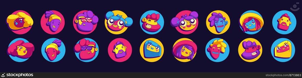 Contemporary avatars with funny characters faces in round frames. Vector set of male and female portraits, people with different hairstyles, glasses and beard in trendy art style. Contemporary avatars with funny characters faces