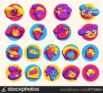 Contemporary avatars with funny characters faces in round frames. Vector set of male and female portraits, people with different hairstyles, glasses and beard in trendy art style. Contemporary avatars with funny characters faces