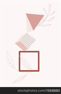 Contemporary background. Graphic decoration card, floral backdrop with abstract shapes and botanical elements, leaves. Cartoon simple line art invitation cards, minimalism hand drawing vector banner template