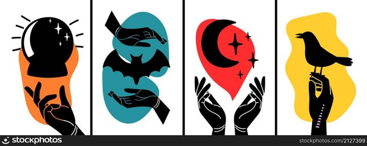 Contemporary banners with hands and occult symbols. Bird, moon, bat silhouettes and arms, decorative vector templates. Hands and occult symbols banners