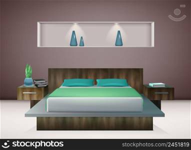 Contemporary bedroom interior with bedding in shades of emerald and aquamarine green wall decorations realistic vector illustration . Bedroom Interior Realistic