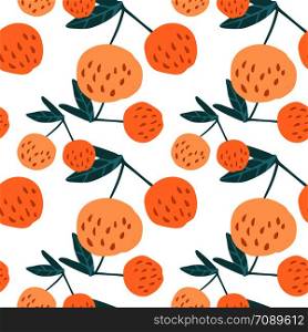 Contemporary cherry berries and leaves seamless pattern. Hand drawn cherries on white background. Design for fabric, textile print. Summer fruit berry wallpaper. Vector illustration.. Cherry berries and leaves seamless pattern illustration
