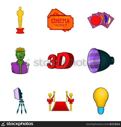 Contemporary cinema icons set. Cartoon set of 9 contemporary cinema vector icons for web isolated on white background. Contemporary cinema icons set, cartoon style