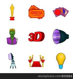 Contemporary cinema icons set. Cartoon set of 9 contemporary cinema vector icons for web isolated on white background. Contemporary cinema icons set, cartoon style