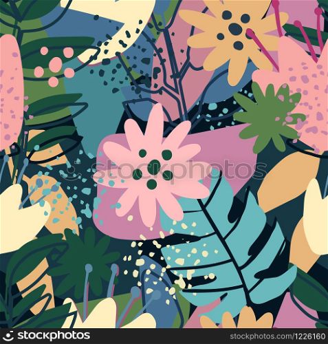 Contemporary collage design. Seamless pattern with trendy exotic floral. Creative tropical hand drawn textures. Modern wallpaper, fabric and packaging design. Botanical vector illustration. Contemporary collage design. Seamless pattern with trendy exotic floral.