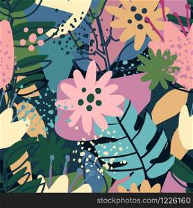 Contemporary collage design. Seamless pattern with trendy exotic floral. Creative tropical hand drawn textures. Modern wallpaper, fabric and packaging design. Botanical vector illustration. Contemporary collage design. Seamless pattern with trendy exotic floral.