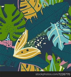 Contemporary collage design. Seamless pattern with trendy exotic floral garden. Creative tropical hand drawn textures. Modern wallpaper, fabric and packaging design. Botanical vector illustration. Contemporary collage design. Seamless pattern with trendy exotic floral garden.