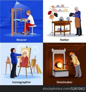 Contemporary Craftspeople 4 Flat Icons Square . Contemporary craftspeople at work 4 flat icons square composition with weaver hatter and steelmaker isolated vector illustration