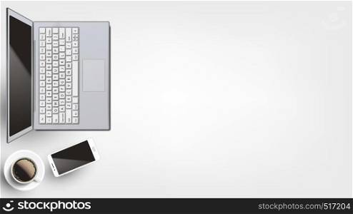 Contemporary Devices On Workplace Flat Lay Vector. Opened Modern Laptop And Neoteric Smartphone Near Hot Coffee Cup Arranged On Homey Or Office Workplace. Copy Space Top View Illustration. Contemporary Devices On Workplace Flat Lay Vector