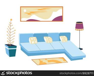 Contemporary dwelling interior design, isolated living room view. Sofa with small pillows, cute rug and panoramic wall art on wall. Decorative houseplant and floor l&, vector in flat style. Living room or lounge interior design, contemporary dwelling