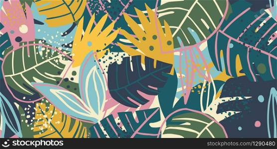 Contemporary exotic leaves seamless pattern collage design. Creative tropical leaf wallpaper. Design for fabric, textile print, wrapping paper, fashion, interior, cover. Botanical vector illustration. Contemporary exotic leaves seamless pattern collage design. Creative tropical leaf wallpaper.