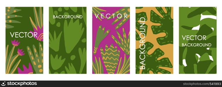 Contemporary floral wedding invitations and card template design. Modern abstract vector set of abstract tropical backgrounds for banners, posters, cover design templates. Contemporary floral wedding invitations and card template design.