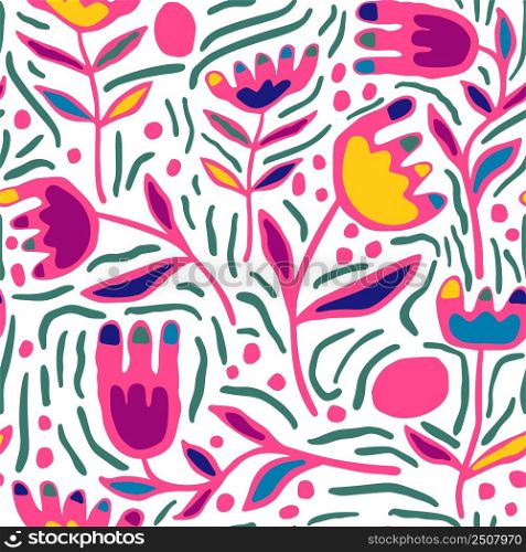 Contemporary flower seamless pattern. Creative folk floral wallpaper. Abstract plants endless wallpaper. Modern ditsy print. Design for fabric, textile print, wrapping, cover, card, illustration. Contemporary flower seamless pattern. Creative folk floral wallpaper.