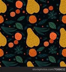 Contemporary fruits seamless pattern. Cherry berries, apples, pears and leaves hand drawn wallpaper. Funny sweet garden fruits on black background. Vector illustration.. Contemporary fruits seamless pattern. Cherry berries, apples, pears and leaves