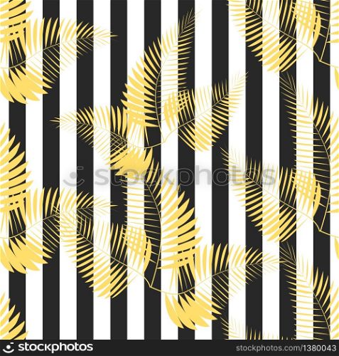 Contemporary geometric fashion print with palm leaves and stripes. Abstract wallpaper pattern