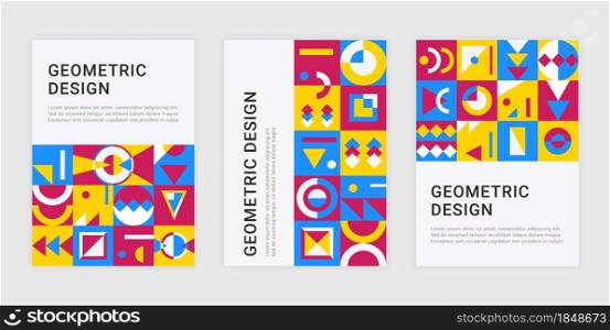 Contemporary geometric posters. Abstract memphis banners with minimalistic brutalism shapes. Vector bauhaus placard set contemporary geometric bright design ilustrations templates. Contemporary geometric posters. Abstract memphis banners with minimalistic brutalism shapes. Vector bauhaus placard set
