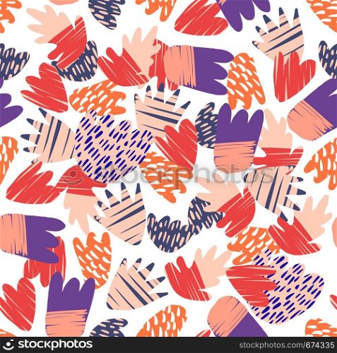 Contemporary hand drawn blots on white backdrop. Abstract floral shapes seamless pattern. Modern natural colorful shapes. Concept trendy fabric textile design. Contemporary hand drawn blots on white backdrop.
