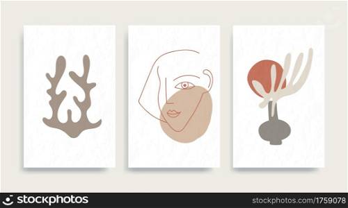 Contemporary Henri Matisse abstract vector poster. Woman face silhouette line art Matisse painting. Pastel reproduction of painting. Geometric vase, sun shape collage.