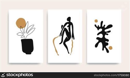 Contemporary Henri Matisse abstract vector poster. Woman figure silhouette line art Matisse painting. Pastel reproduction of painting. Geometric shape collage.