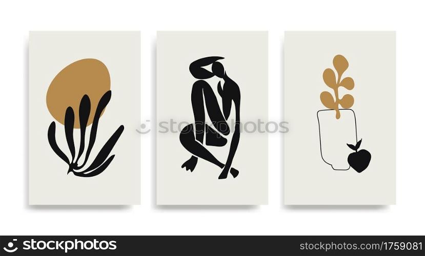 Contemporary Henri Matisse abstract vector poster. Woman figure silhouette line art Matisse painting. Black golden reproduction of painting. Geometric shape collage.