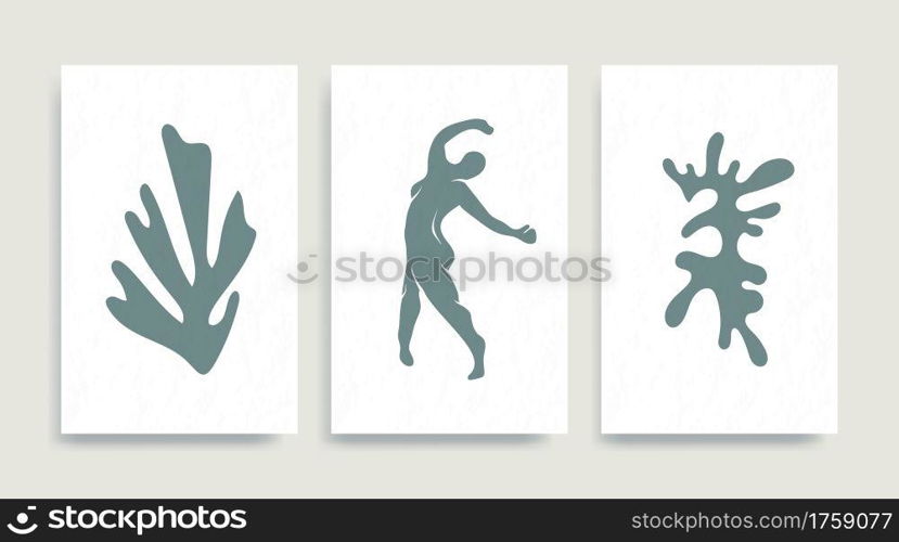 Contemporary Henri Matisse abstract vector poster. Woman nude figure dancing silhouette line art Matisse painting. Pastel reproduction of painting. Geometric shape collage.