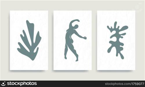 Contemporary Henri Matisse abstract vector poster. Woman nude figure dancing silhouette line art Matisse painting. Pastel reproduction of painting. Geometric shape collage.