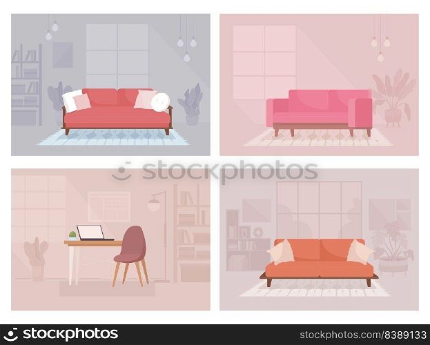 Contemporary home decor flat color vector illustration set. Living room and home office furniture arrangement. Fully editable 2D simple cartoon interior collection with large windows on background. Contemporary home decor flat color vector illustration set