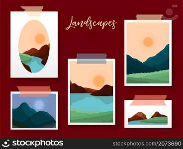Contemporary landscape cards. Natural landscapes, mountain on day or night. Posters river, moon or sun and meadow. Vector art background collection. Illustration natural outdoor card, trendy picture. Contemporary landscape cards. Natural landscapes, mountain on day or night. Posters with river, moon or sun and meadow. Vector art backgrounds collection