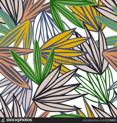 Contemporary leaves seamless pattern. Creative outline tropical leaf hand drawn textures. Modern wallpaper, fabric and packaging design. Botanical vector illustration. Contemporary leaves seamless pattern. Creative outline tropical leaf hand drawn textures.