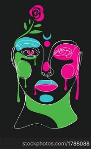 Contemporary line art style female portrait with colorful abstract shapes on dark background.