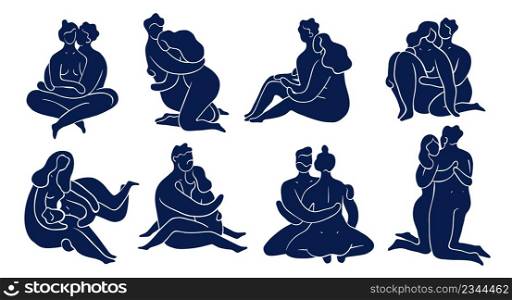 Contemporary matisse style people. Embracing couples in love. Naked bodies silhouettes. Smooth graphic blue shapes. Arts inspiration. Romantic poses. Happy lovers. Vector hugging nude persons set. Contemporary matisse style people. Embracing couples in love. Naked bodies silhouettes. Smooth graphic shapes. Arts inspiration. Romantic poses. Happy lovers. Vector hugging persons set