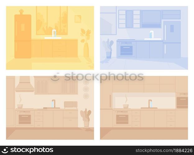 Contemporary monochrome kitchen flat color vector illustration. Modern furniture in dining room. Apartnment with appliance. Home 2D cartoon interior with running sink water on background. Contemporary monochrome kitchen flat color vector illustration