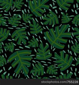 Contemporary tropical monstera leaves seamless pattern on black background. Summer design for fabric, textile print, wrapping paper, children textile. Vector illustration. Contemporary tropical monstera leaves seamless pattern on black background.