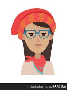 Contemporary Young Girl in Red Hat and Scarf. Beret hat. Contemporary young girl in red hat, scarf and blouse. Long red hat with some waves. Scarf with blue edges and hearts. Female wearing blue glasses. White background. Vector illustration