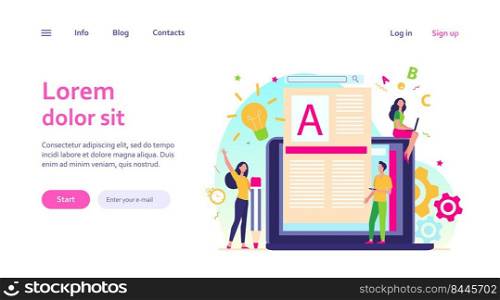 Content author or writer job concept. Freelance blogger at laptop writing creative article, editing text. Vector illustration for blogging, seo marketing, online education topics