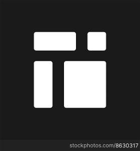 Content blocks pixel dark mode glyph ui icon. Webpage elements. Web design. User interface design. White silhouette symbol on black space. Solid pictogram for web, mobile. Vector isolated illustration. Content blocks pixel dark mode glyph ui icon