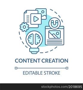 Content creation blue concept icon. Online entrepreneur skill abstract idea thin line illustration. Generating topic ideas. Digital marketing. Vector isolated outline color drawing. Editable stroke. Content creation blue concept icon
