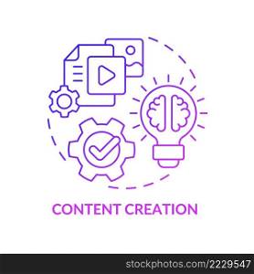 Content creation purple gradient concept icon. Promotion business. Develop creativity. AI usage in marketing abstract idea thin line illustration. Isolated outline drawing. Myriad Pro-Bold font used. Content creation purple gradient concept icon