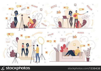 Content Creator, Live Video Streamer, Popular Blogger Subscriber Characters Set. Cameraman Filming Footage in Studio, Man Watching Online Video, Following Vlogger Page Trendy Flat Vector Illustration