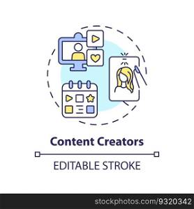 Content creators concept icon. Internet blog. Influencer marketing. Social media. Editorial calendar. Publish online abstract idea thin line illustration. Isolated outline drawing. Editable stroke. Content creators concept icon