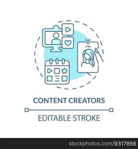 Content creators turquoise concept icon. Internet blog. Influencer marketing. Editorial calendar. Publish online abstract idea thin line illustration. Isolated outline drawing. Editable stroke. Content creators turquoise concept icon