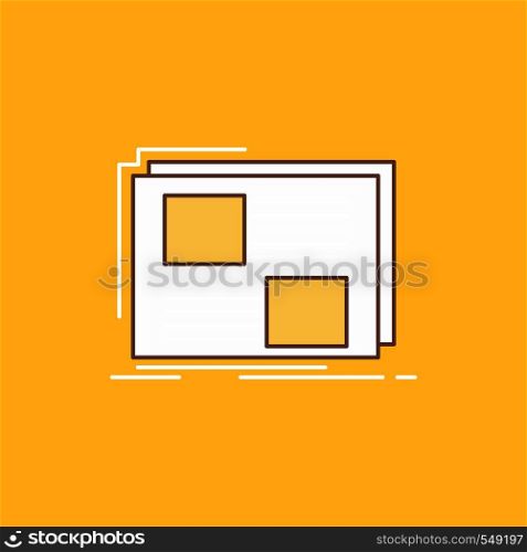 Content, design, frame, page, text Flat Line Filled Icon. Beautiful Logo button over yellow background for UI and UX, website or mobile application. Vector EPS10 Abstract Template background