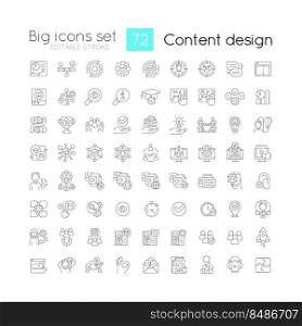 Content design linear icons set. Creating materials for business promotion. Customizable thin line symbols. Isolated vector outline illustrations. Editable stroke. Quicksand-Light font used. Content design linear icons set