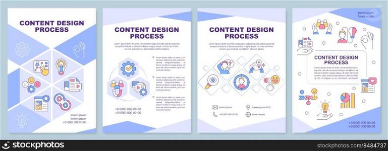 Content design process blue brochure template. Creation. Leaflet design with linear icons. Editable 4 vector layouts for presentation, annual reports. Arial-Black, Myriad Pro-Regular fonts used. Content design process blue brochure template