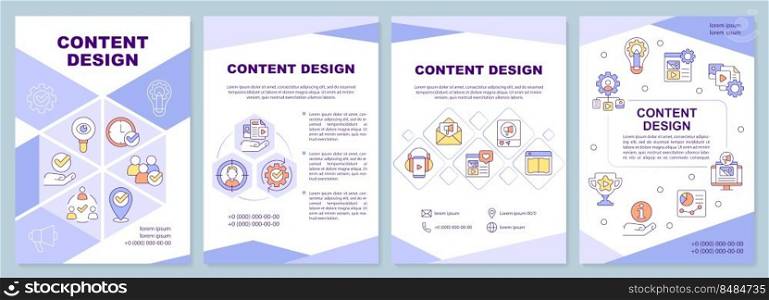 Content design purple brochure template. Digital marketing. Leaflet design with linear icons. Editable 4 vector layouts for presentation, annual reports. Arial-Black, Myriad Pro-Regular fonts used. Content design purple brochure template