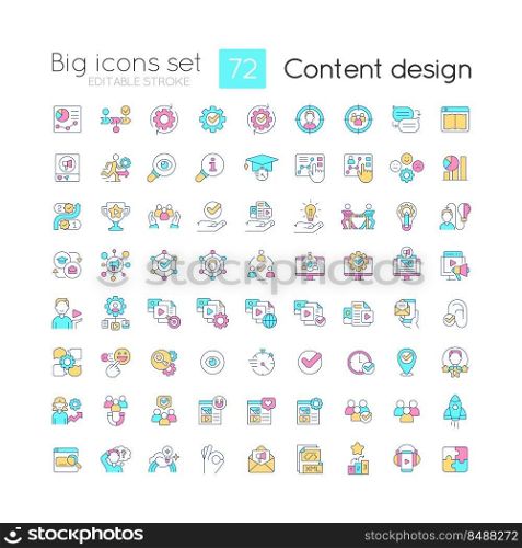 Content design RGB color icons set. Creating materials for business promotion. Isolated vector illustrations. Simple filled line drawings collection. Editable stroke. Quicksand-Light font used. Content design RGB color icons set