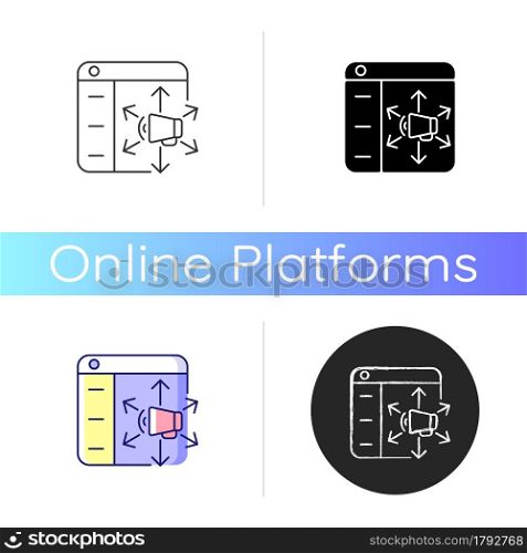 Content distribution platforms icon. Promoting resources to online audiences. Markets and channels. Increasing traffic to websites. Linear black and RGB color styles. Isolated vector illustrations. Content distribution platforms icon