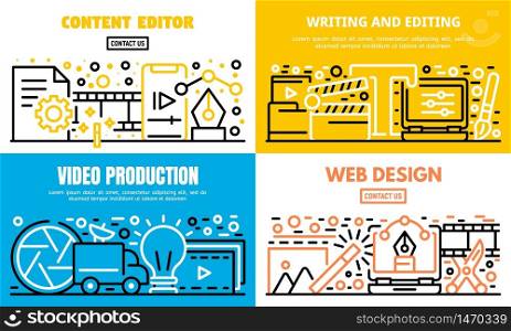 Content editor banner set. Outline set of content editor vector banner for web design. Content editor banner set, outline style